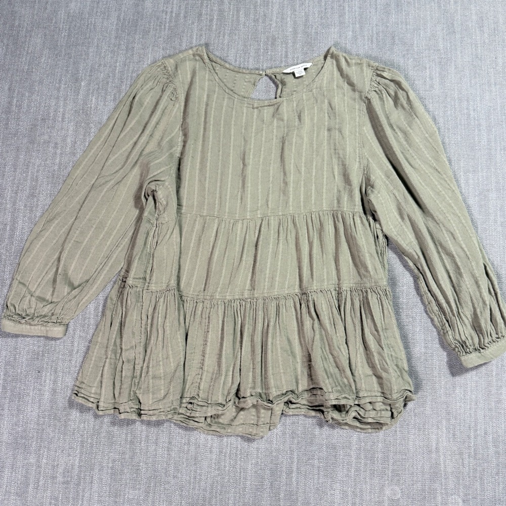 American Eagle Sage Green Striped Tiered Babydoll Top Open Back Blouse Large - Picture 1 of 3